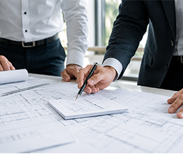 Ingenieure besprechen technische Baupläne für die Planung eines Bauprojekts.