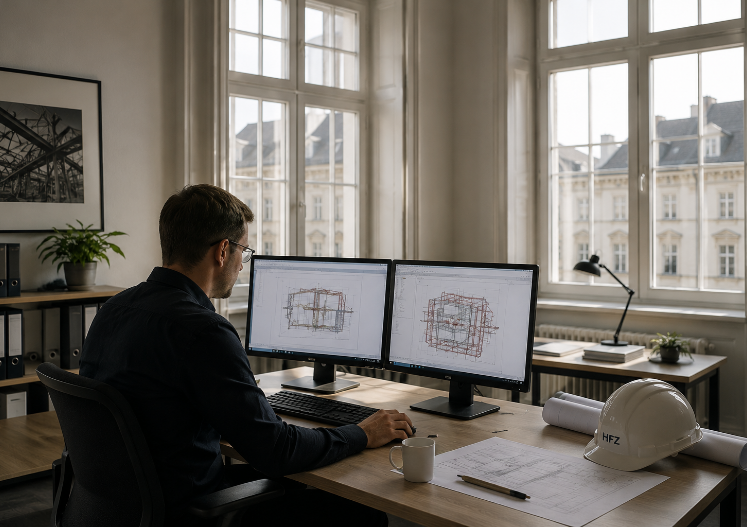 Bauingenieur bei der digitalen Tragwerksplanung an einem Arbeitsplatz mit technischen Zeichnungen und Bauplänen.