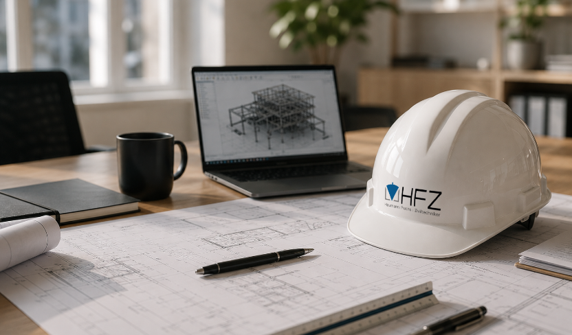 HFZ-Schutzhelm auf Bauplänen vor einem Laptop mit digitalem Tragwerksmodell in einem Ingenieurbüro.
