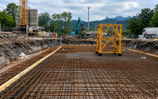 Bewehrungsmatten auf der Baustelle vor Bergkulisse