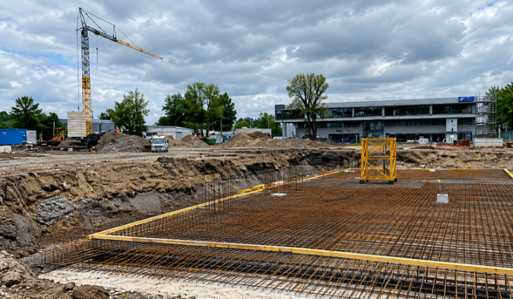 Baustelle unter dramatischem Wolkenhimmel